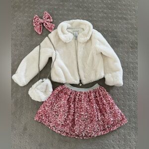 White Faux Fur Jacket Sequin Skirt with Purse and Bow SET - size 6